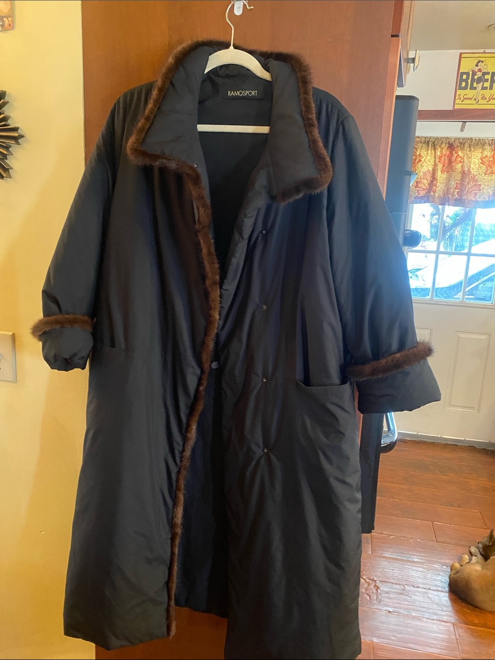 Women’s Black Coat with Brown Fur Trim from Harrods’ Knightsbridge size 38